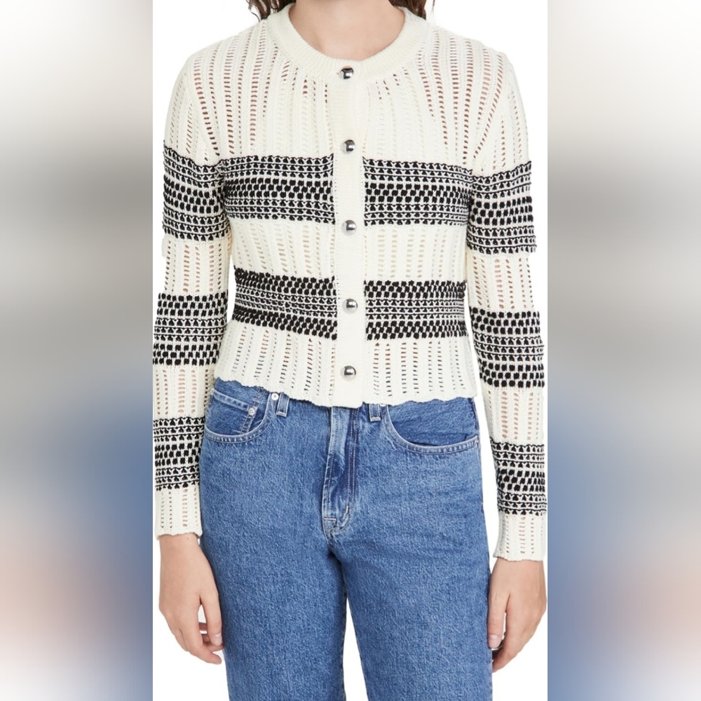 Ramy Brook Sarah Striped Cardigan Knitted Black White Buttons XL - Picture 11 of 11